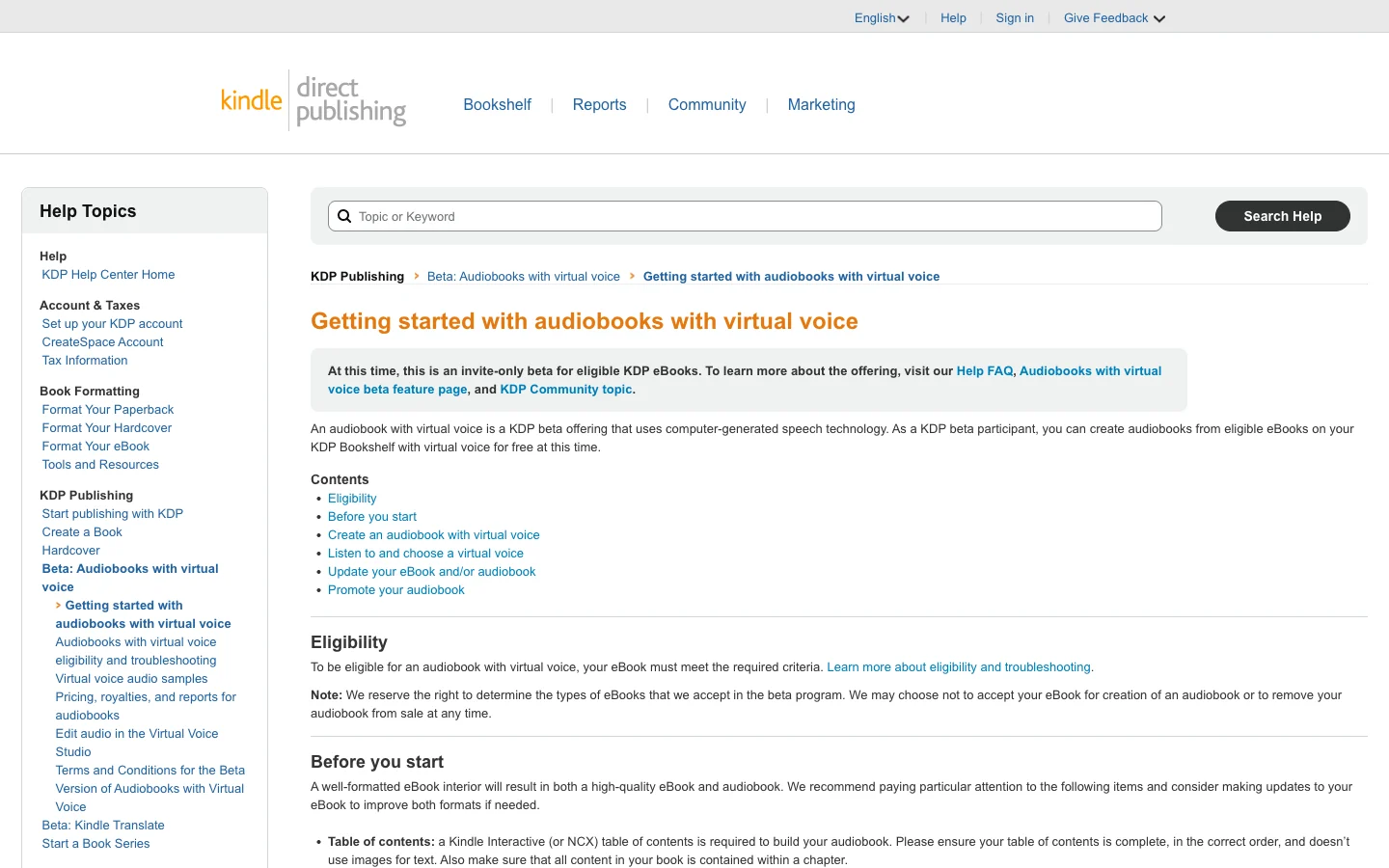 Amazon KDP Virtual Voice help page explaining AI-narrated audiobooks from eligible Kindle ebooks