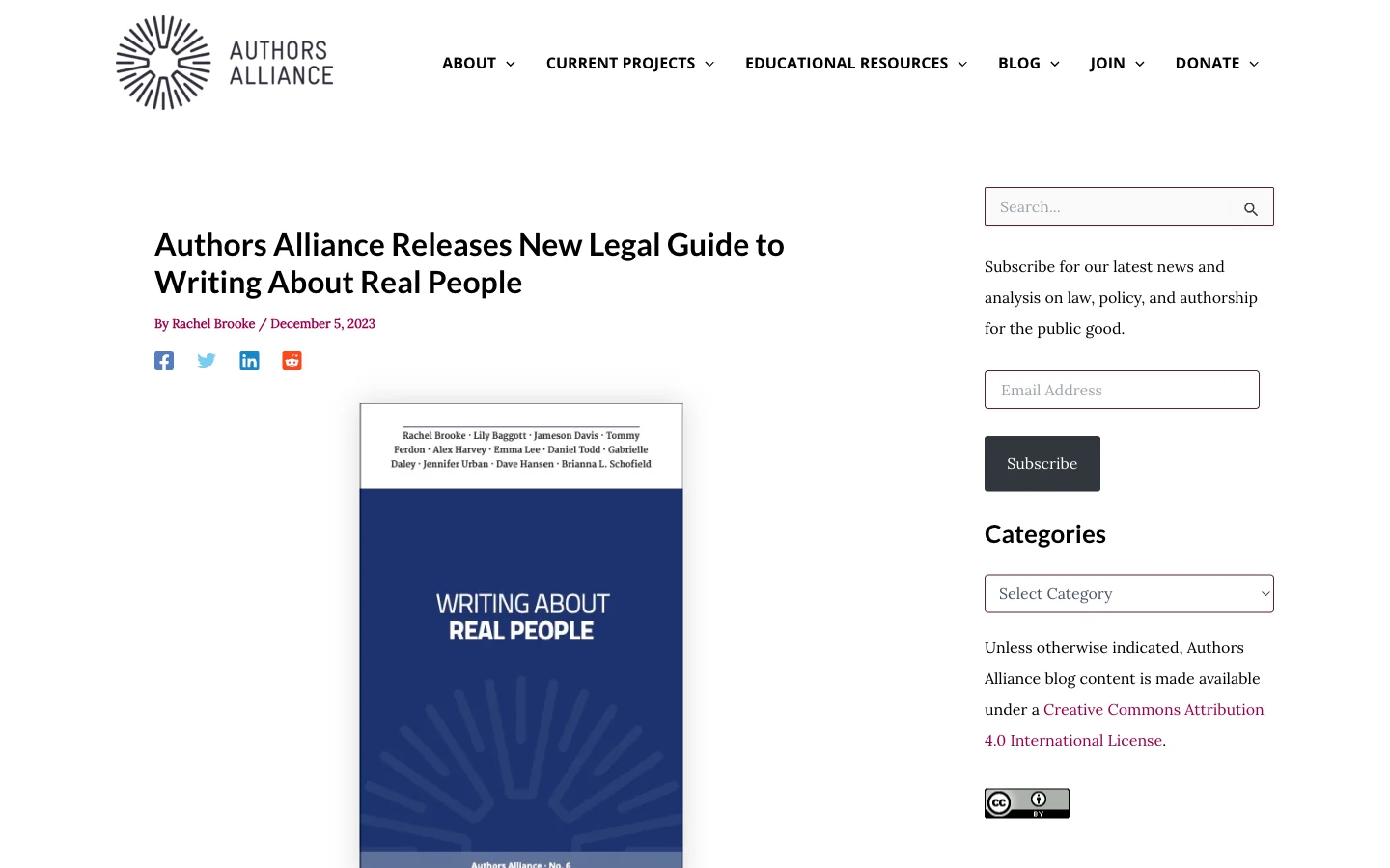 The Authors Alliance Writing About Real People legal guide, listing defamation, invasion of privacy, and right of publicity as the three core risk categories