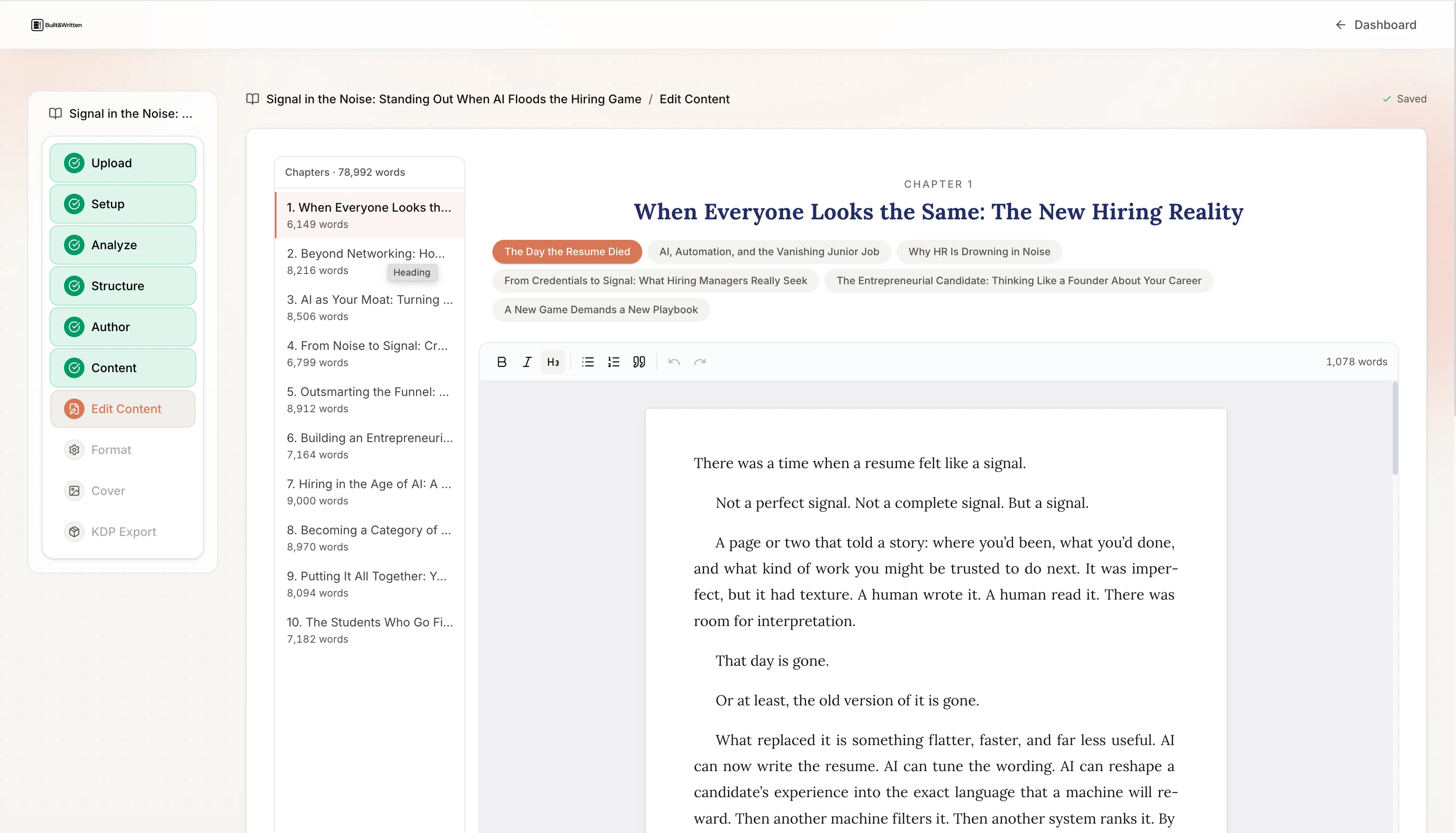 Built&Written product showing the Voice DNA step, where the author pastes their own writing samples to preserve their voice across the book
