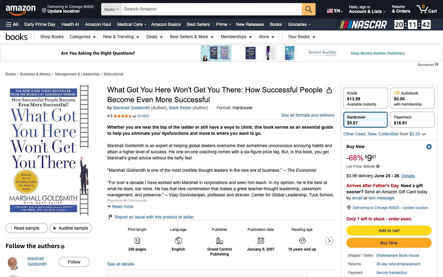 Amazon listing for What Got You Here Won't Get You There by Marshall Goldsmith, described as filled with disguised anecdotes