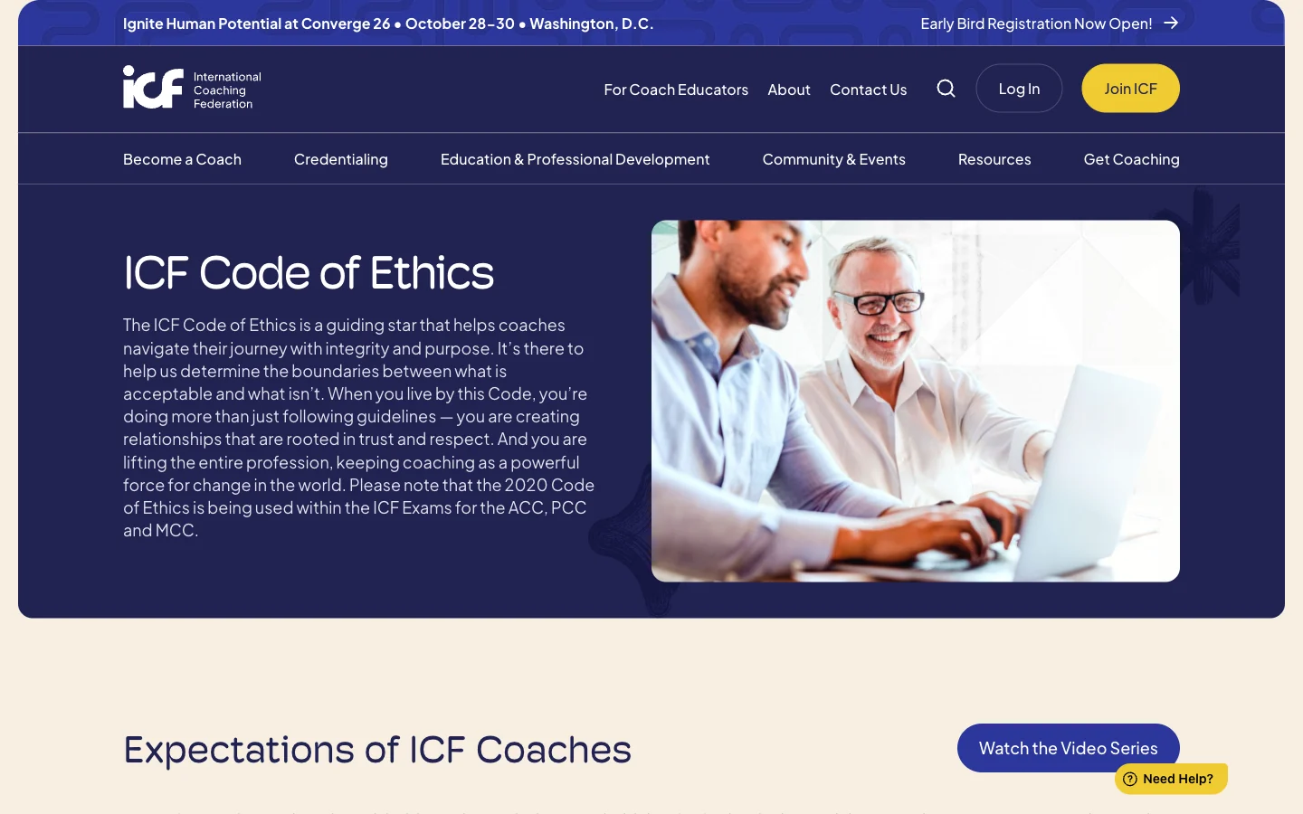 The ICF Code of Ethics page showing the confidentiality definition and Standard 2.1 requiring the strictest level of confidentiality