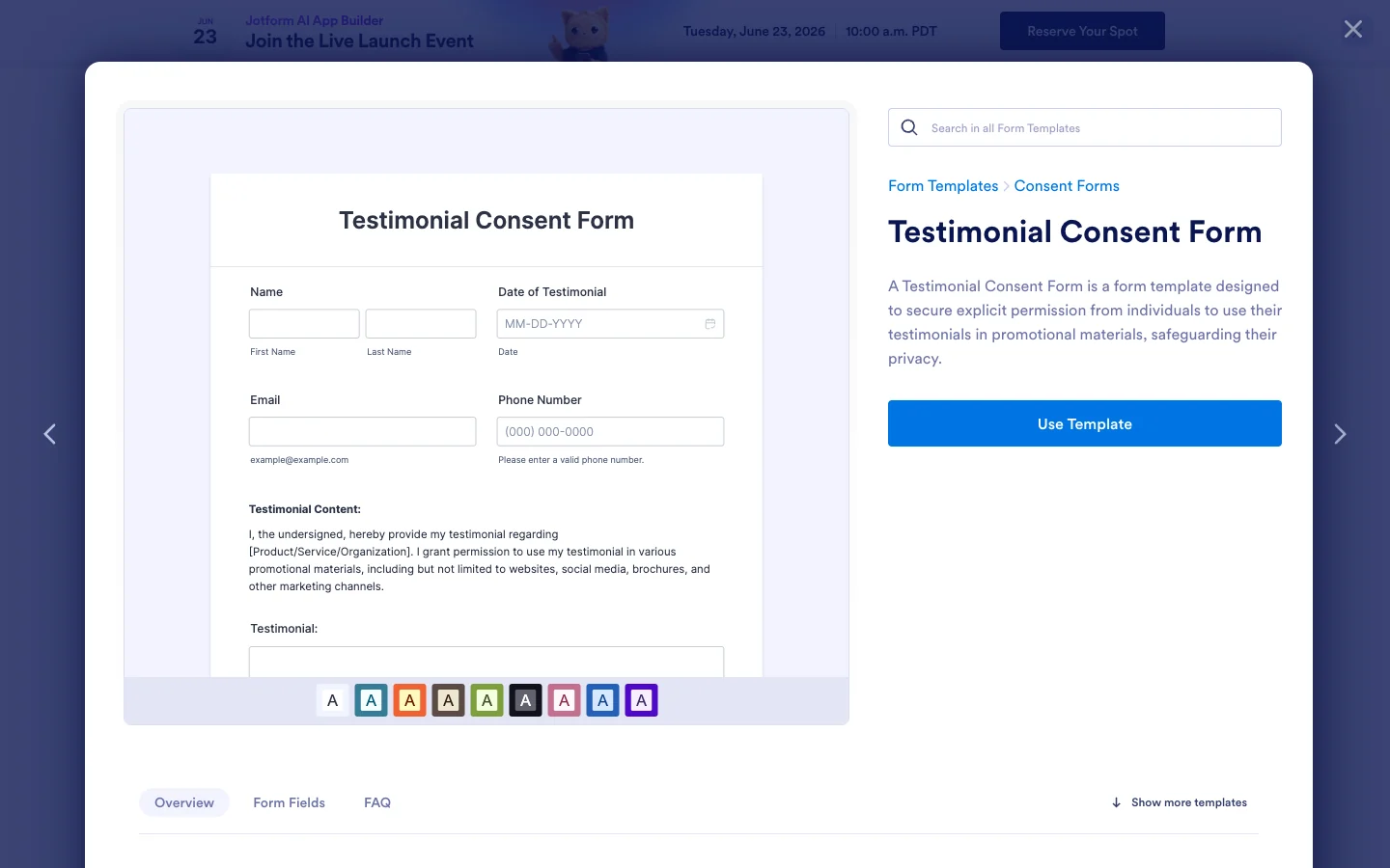 A testimonial consent and release form template showing fields for the client name, the testimonial, and signed permission to publish