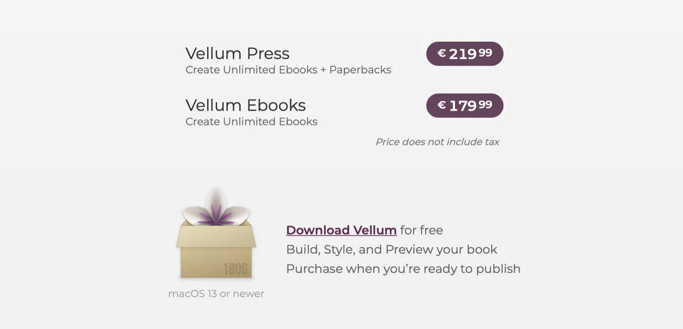 Vellum's pricing page shown in euros, listing Vellum Press and Vellum Ebooks as one-time licenses for macOS 13 or newer