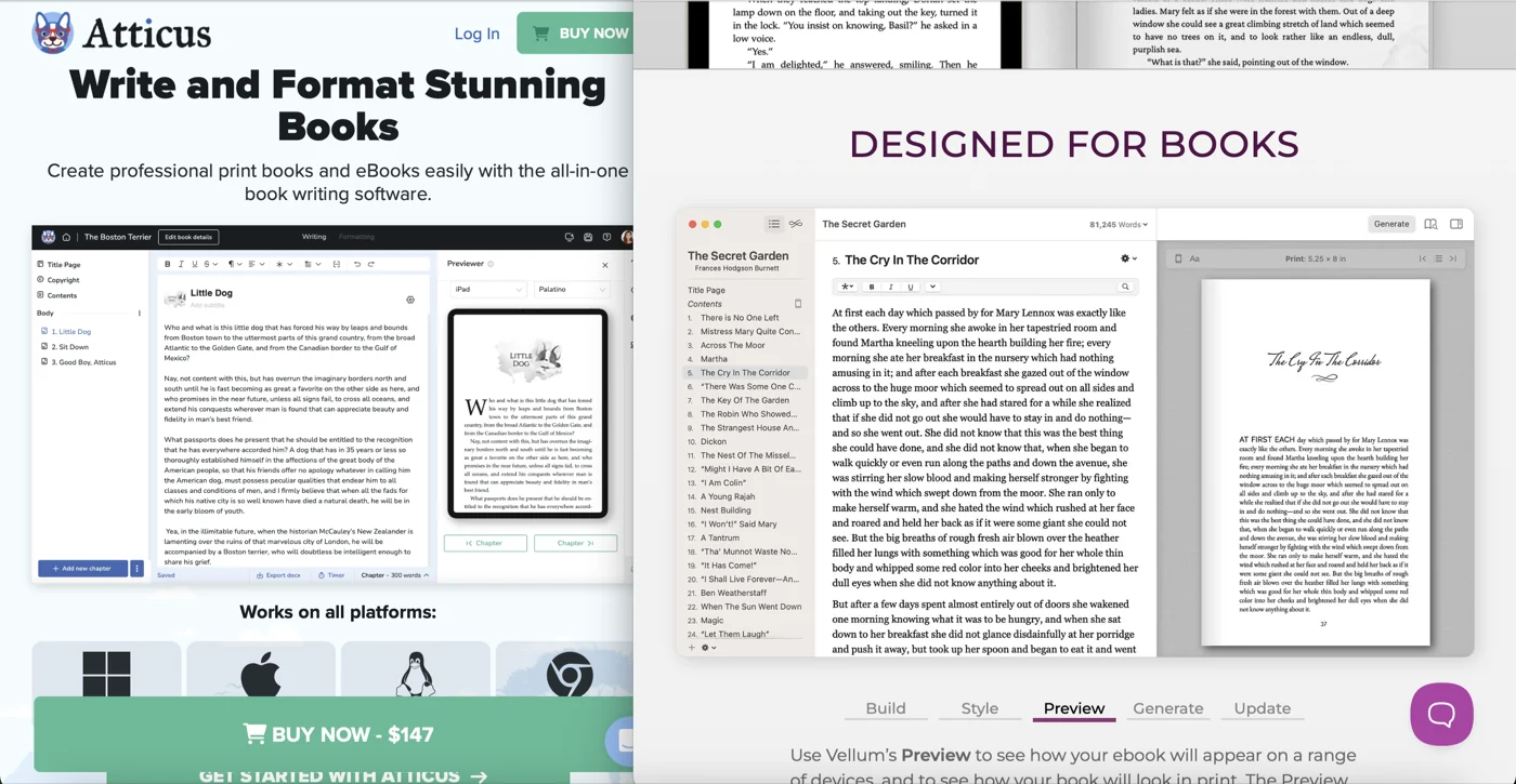 Atticus website advertising cross-platform book formatting for $147 next to Vellum's Mac-only editor and live preview