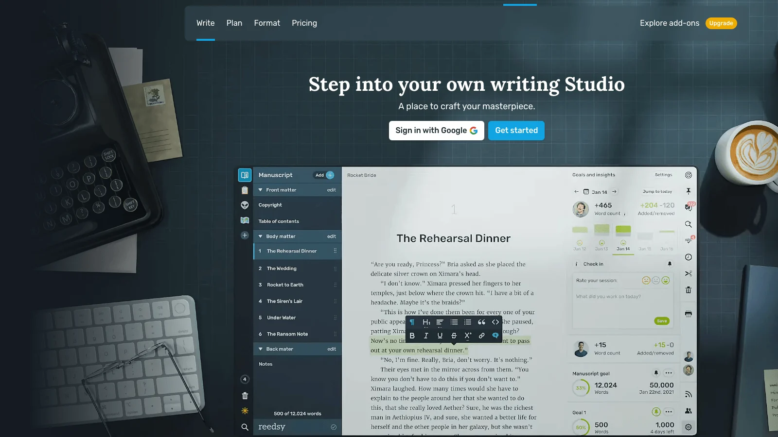 Reedsy Book Editor writing studio with a manuscript and formatted preview in the browser