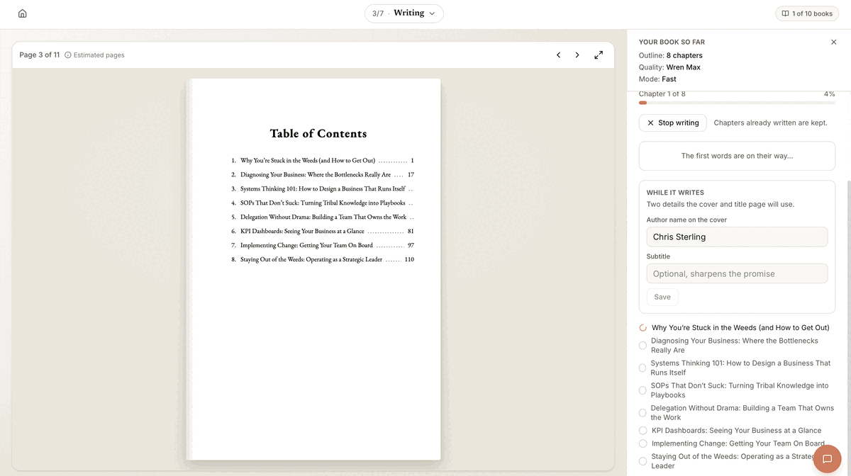 Built&Written's writing screen showing a table of contents page filling in while chapters are generated