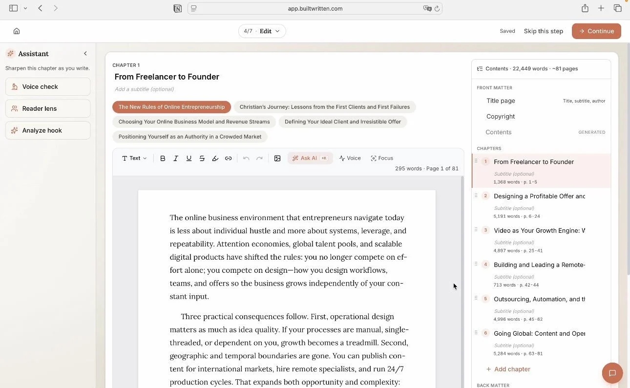 Built and Written's Wren chapter editor drafting a book chapter, with voice check and reader lens tools in the sidebar