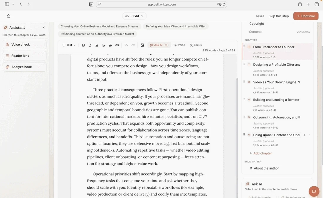 The Built&Written chapter editor with the Assistant panel open on the left, showing the Voice check, Reader lens, and Analyze hook tools beside a drafted chapter.