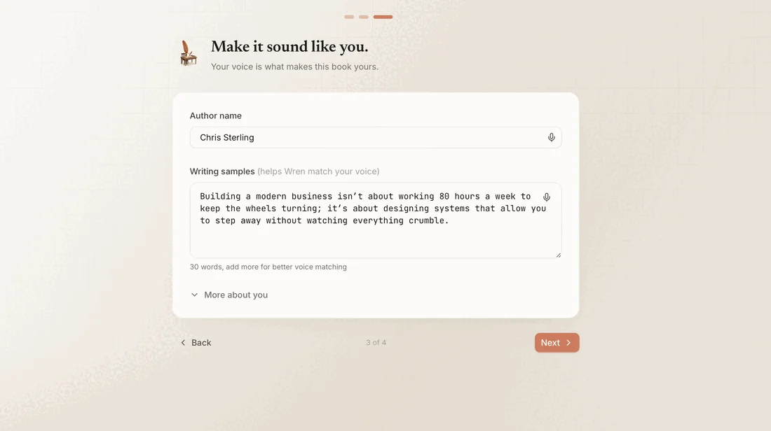 The Built&Written setup step titled Make it sound like you, with an author name field and a writing samples box that helps Wren match your voice.