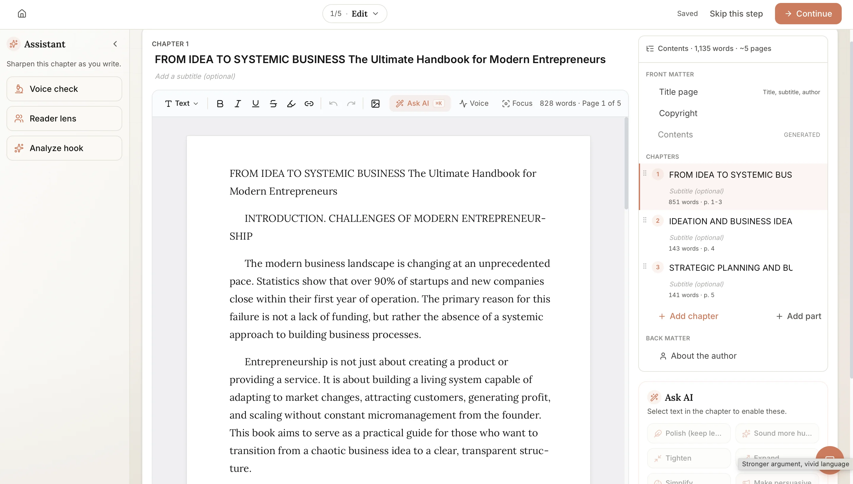 Wren's editor in Built&Written with live Voice check, Reader lens, and hook analysis while an entrepreneur writes