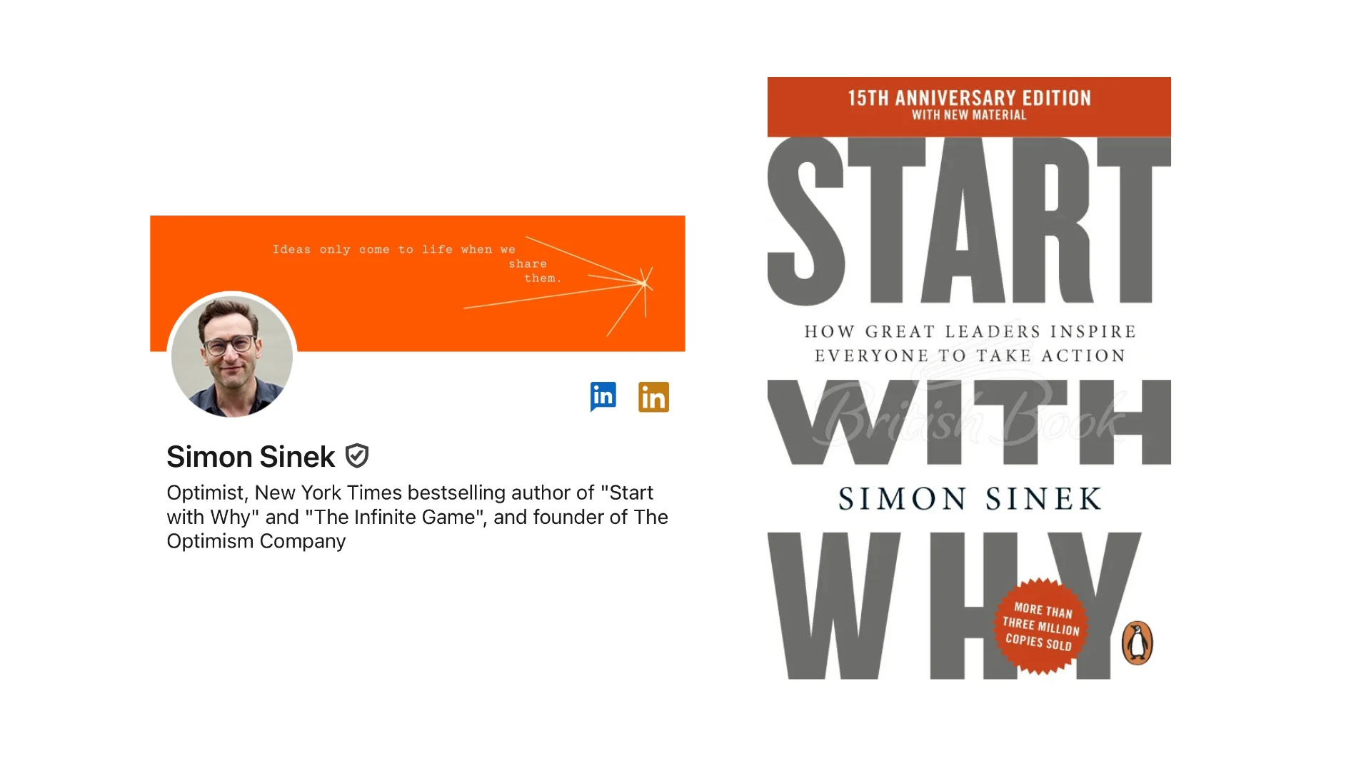 Simon Sinek's LinkedIn profile banner beside his book, still in print as a 15th-anniversary edition.